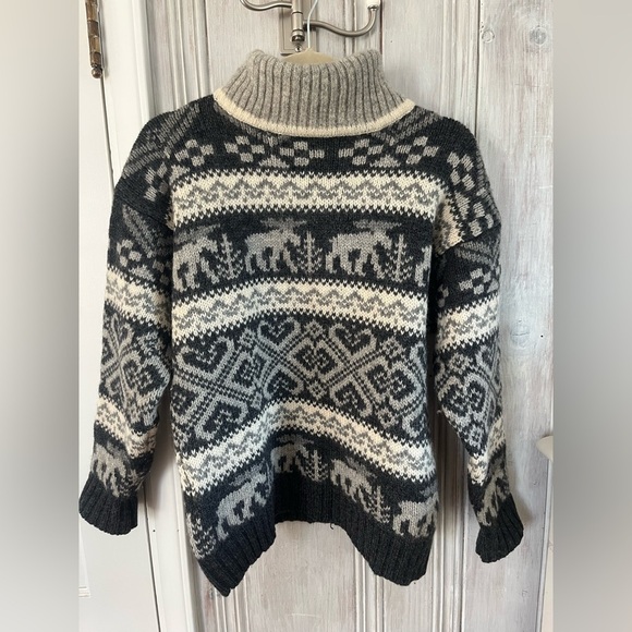 Eddie Bauer 100% Wool Sweater Vintage 1992 Fair Isle Moose Gray M Unisex NOVELTY - Picture 1 of 9